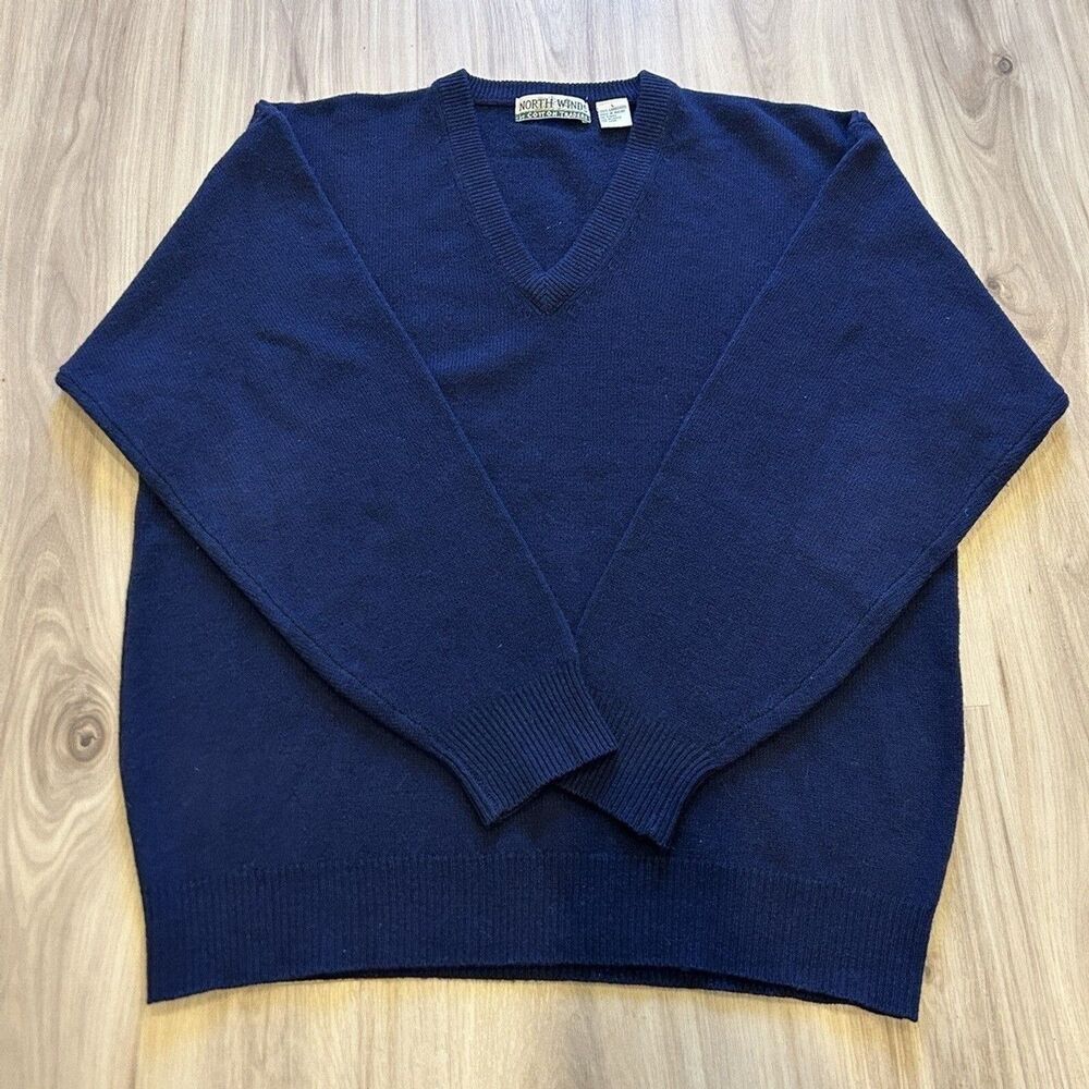 Vintage Cotton Traders North Winds Men's V-Neck 100% Lambswool Sweater Blue L